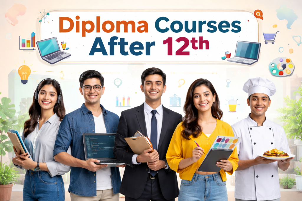 Diploma courses after 12th showing career options in digital marketing, engineering, design and hotel management
