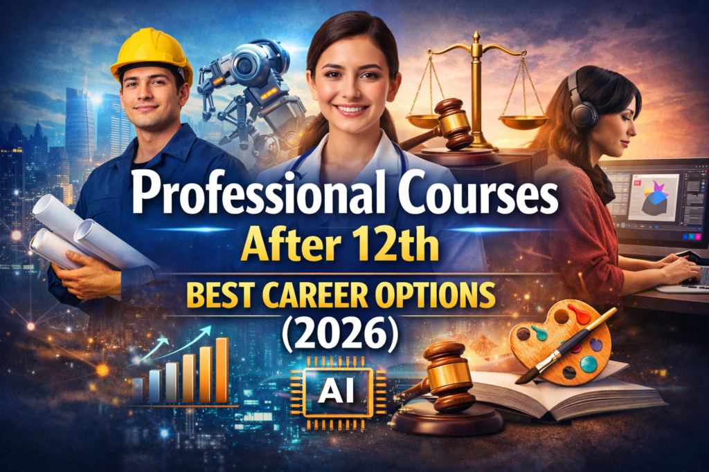 Professional courses after 12th showing career options like engineering, law, design and technology in 2026