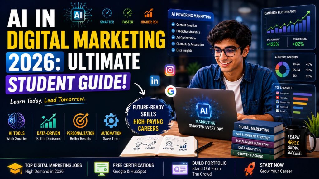 A college student using laptop to learn AI in Digital Marketing 2026