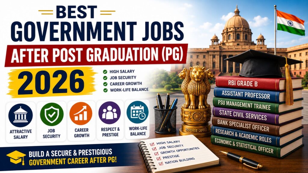 Best Government Jobs After Post Graduation PG 2026 with salary, eligibility, career growth, RBI Grade B, Assistant Professor and PSU careers.