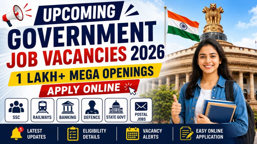 Upcoming Government Job Vacancies 2026 with 1 lakh plus openings in SSC, Railways, Banking, Defence, Postal Services, and State Government departments.