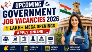 Upcoming Government Job Vacancies 2026 with 1 lakh plus openings in SSC, Railways, Banking, Defence, Postal Services, and State Government departments.