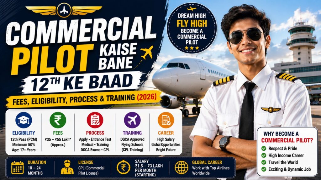 Commercial pilot kaise bane 2026 complete roadmap showing commercial pilot flying airplane in cockpit