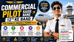 Commercial pilot kaise bane 2026 complete roadmap showing commercial pilot flying airplane in cockpit