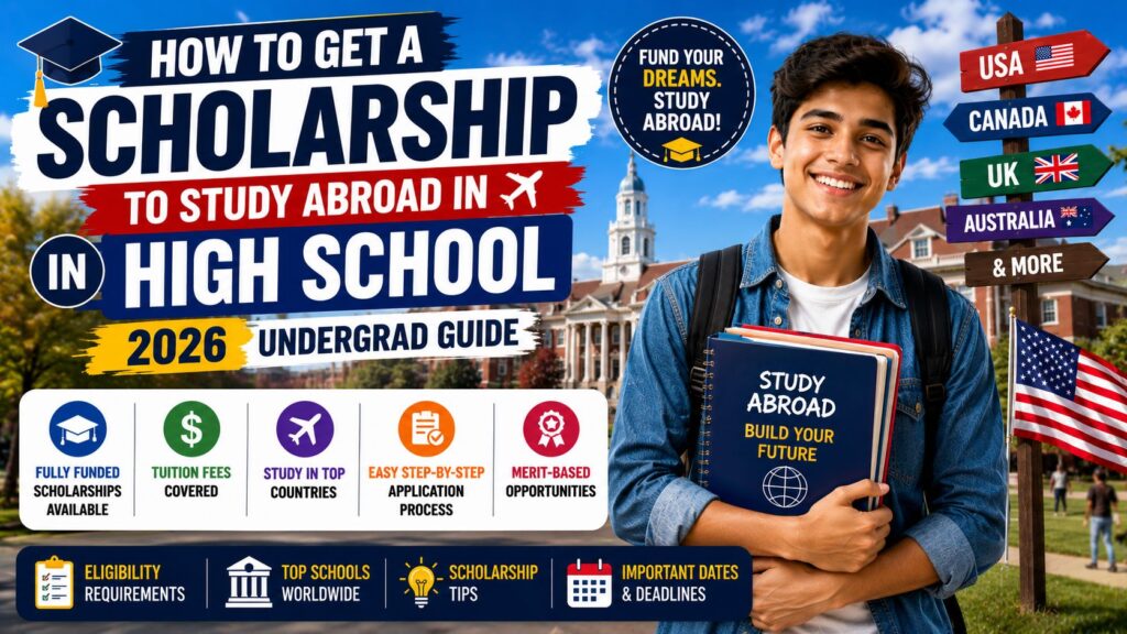 How to get a scholarship to study abroad in high school undergrad guide banner showing a smiling student with books.