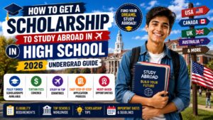 How to get a scholarship to study abroad in high school undergrad guide banner showing a smiling student with books.