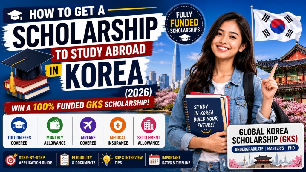 How to Get a Scholarship to Study Abroad in Korea 2026 featured image showing a student, fully funded GKS scholarship, South Korea study opportunities, and Korean universities