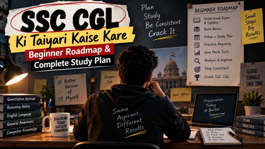 SSC CGL ki taiyari kaise kare beginner roadmap and study plan infographic showing exam strategy